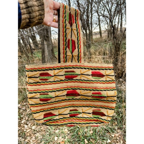 Vintage 1970s Burlap wool Embroidery Tote Bag  Boho Hippy - Picture 3 of 16